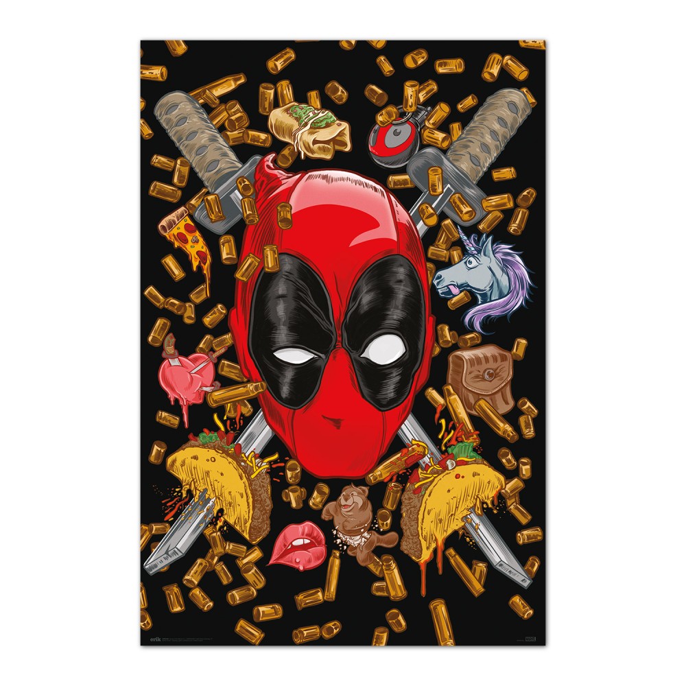 Cuadro Deadpool Bullets and Chimichangas enmarcado en aluminio de 92x62 cm