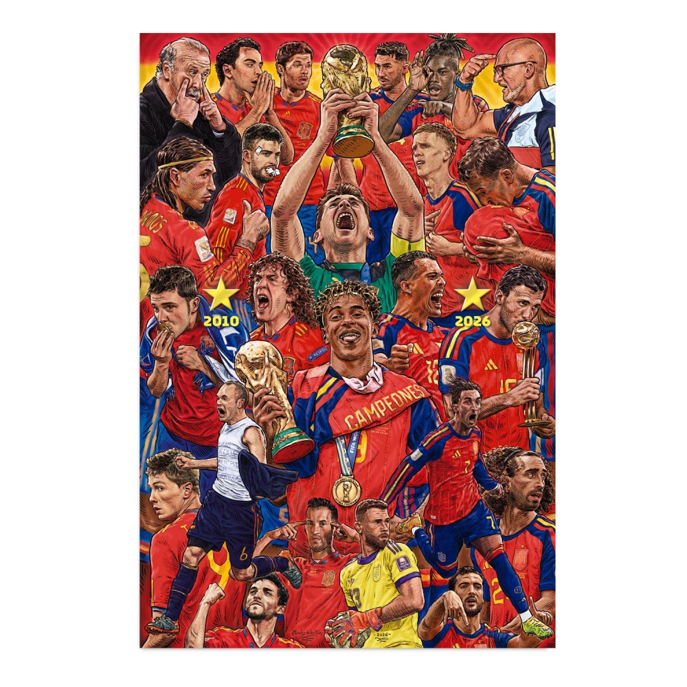 Cuadro Jugadores mundiales de España por Morales de los Ríos enmarcado en aluminio de 92x62 cm