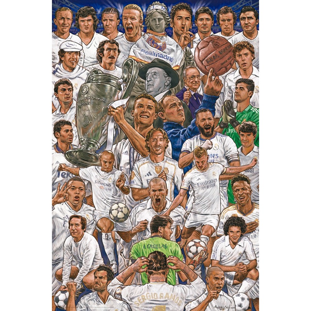 Cuadro Leyendas del Madrid por Morales de los Ríos enmarcado en aluminio de 92x62 cm