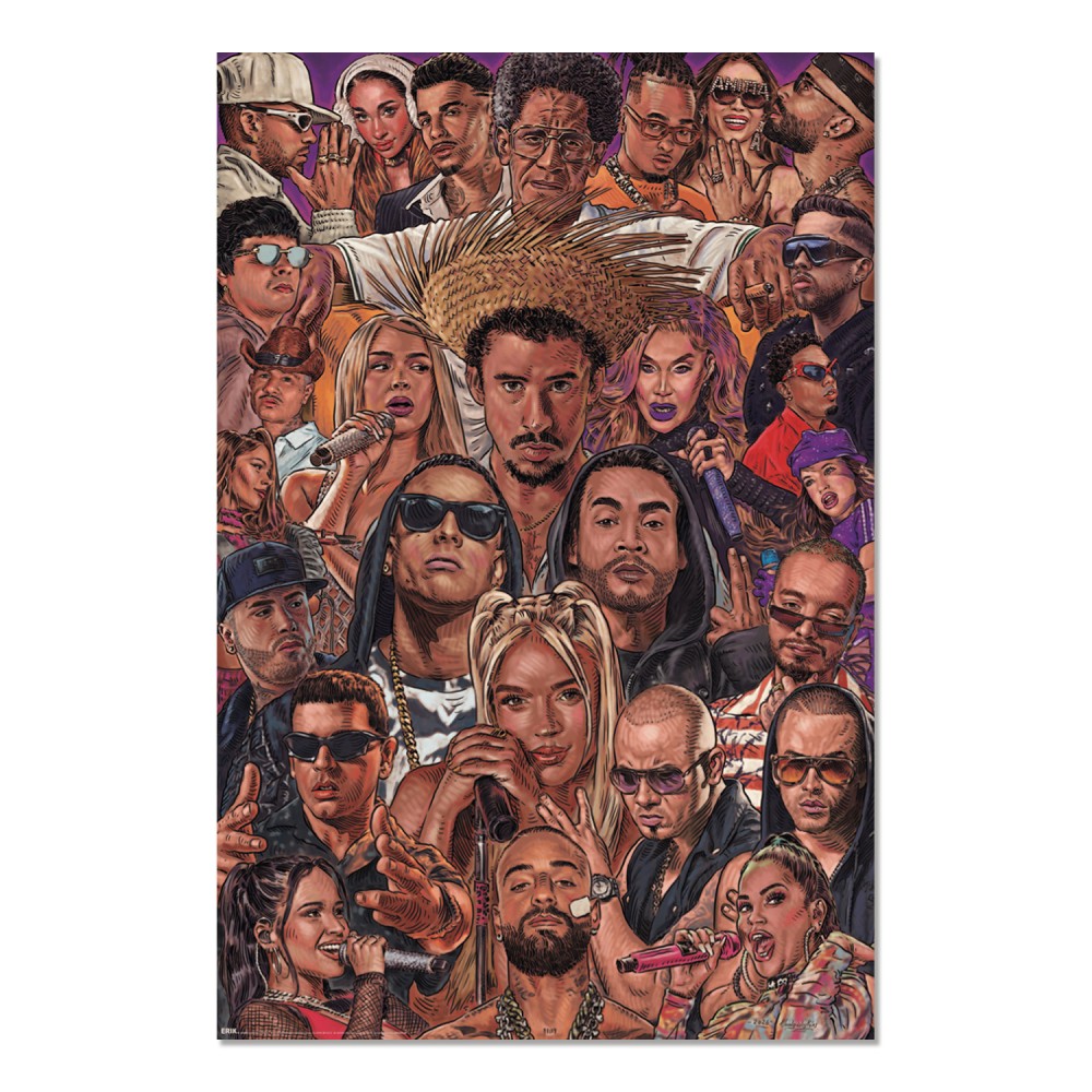 Cuadro Leyendas del reggaetón por Morales de los Ríos enmarcado en aluminio de 92x62 cm