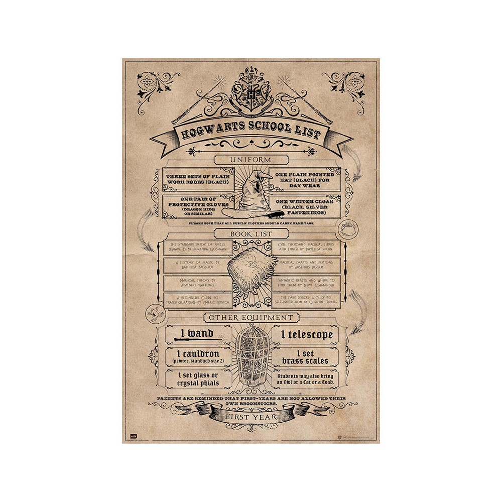 Cuadro Lista de material de Hogwarts enmarcado en aluminio de 92x62 cm