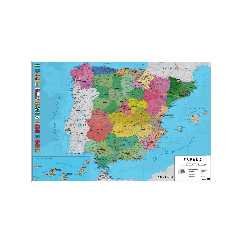 Cuadro Mapa de España físico y político enmarcado en aluminio de 92x62 cm