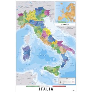 Cuadro Mapa de Italia físico y político enmarcado en aluminio de 92x62 cm