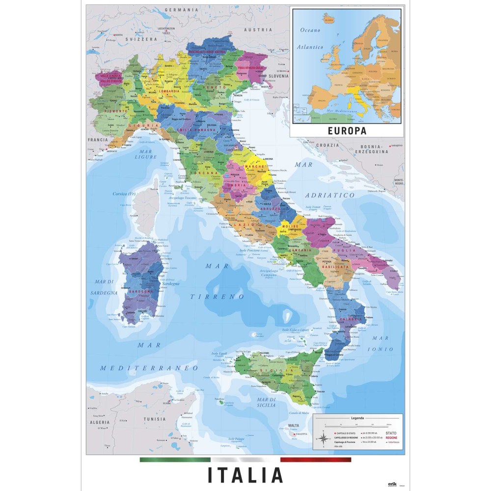 Cuadro Mapa de Italia físico y político enmarcado en aluminio de 92x62 cm