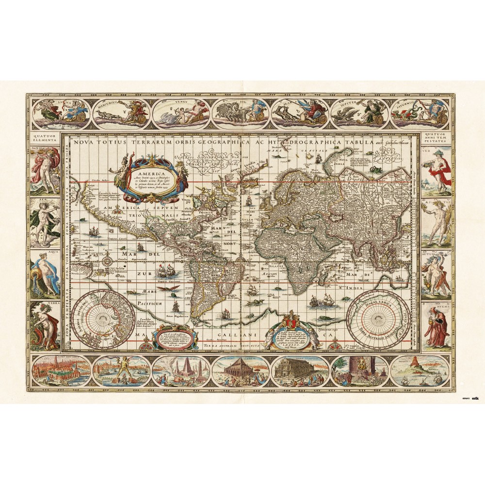 Cuadro Mapa del mundo antiguo enmarcado en aluminio de 92x62 cm