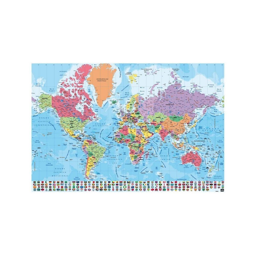 Cuadro Mapa del mundo en portugués enmarcado en aluminio de 92x62 cm