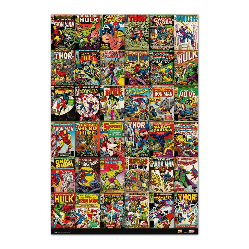 Cuadro Portadas clásicas de Marvel enmarcado en aluminio de 92x62 cm