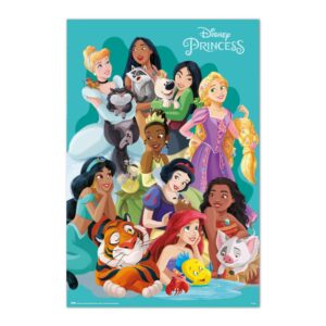Cuadro Princesas Disney y sus mascotas enmarcado en aluminio de 92x62 cm