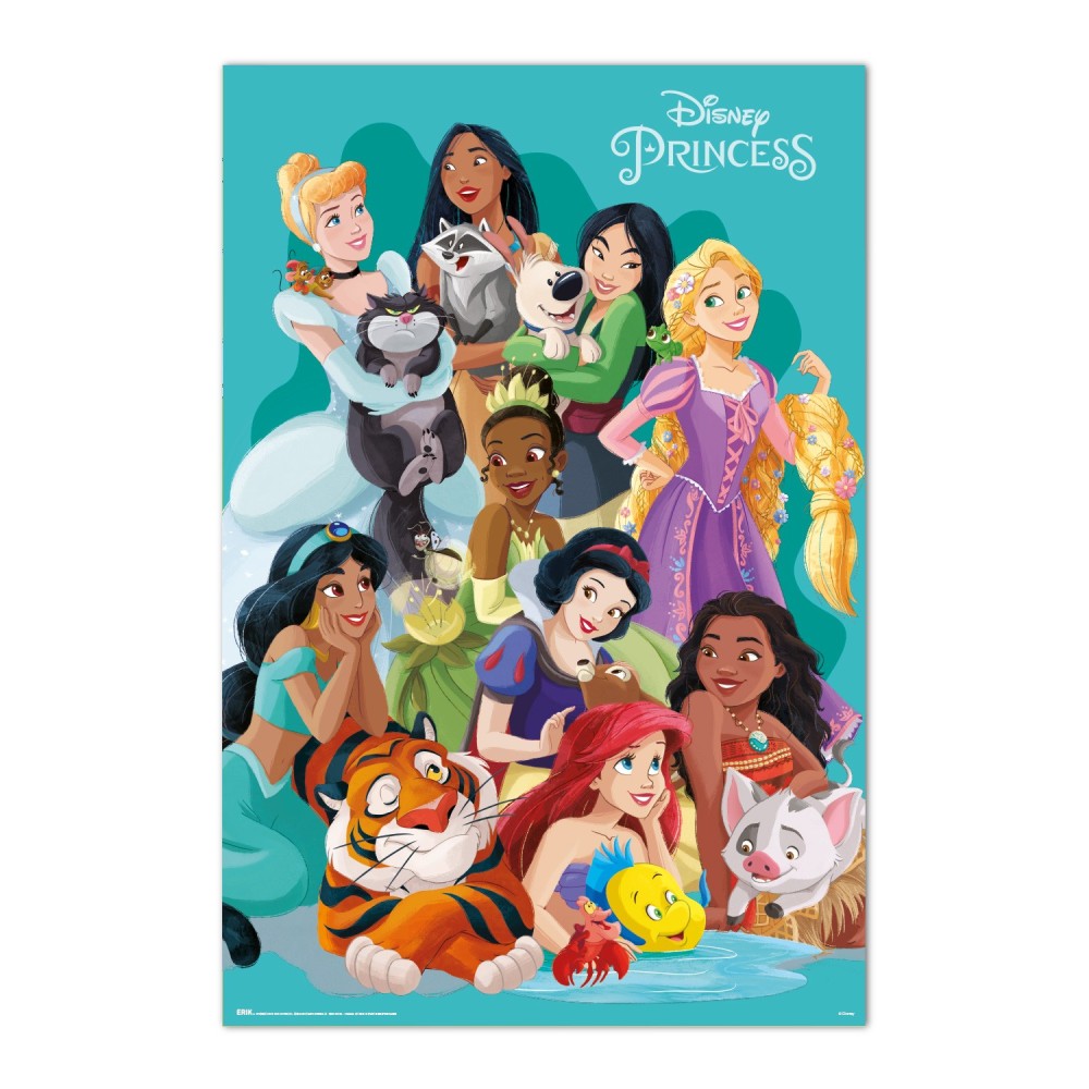 Cuadro Princesas Disney y sus mascotas enmarcado en aluminio de 92x62 cm
