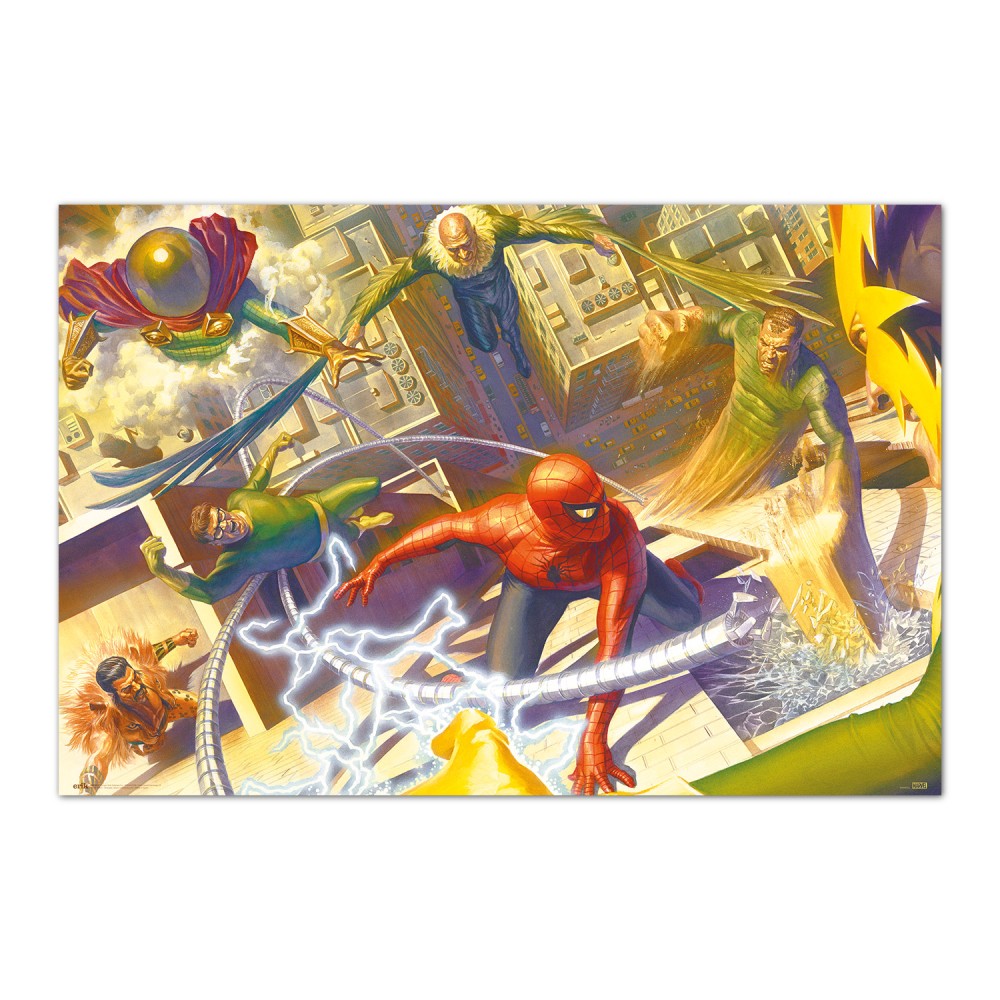 Cuadro Spider-Man contra los Seis Siniestros por Alex Ross enmarcado en aluminio de 92x62 cm